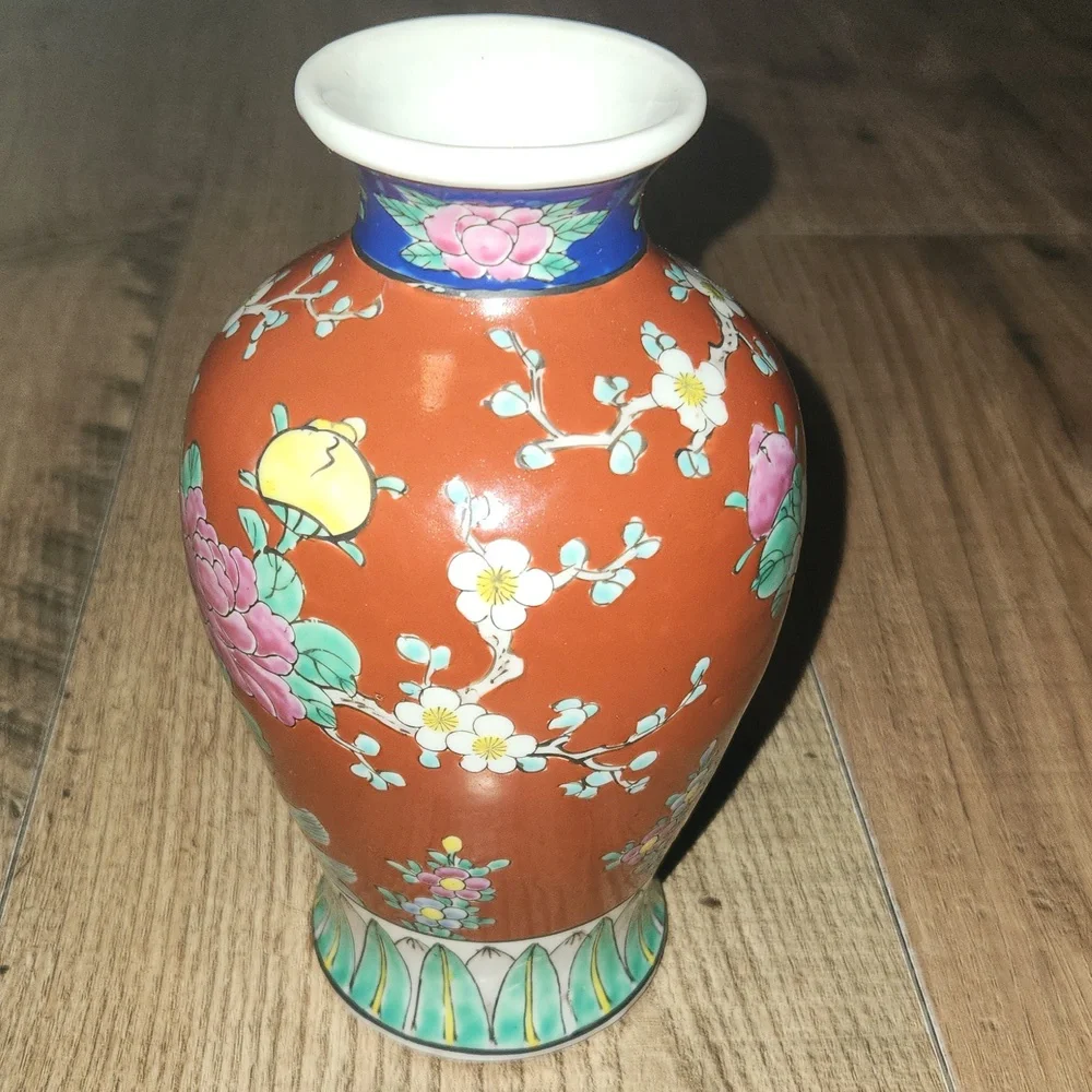 Colorful Hand Painted Porcelain Vase with Birds of Paradise and Floral Design